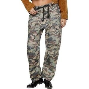Women’s Camouflage Barrel Jeans LARGE Mid-Low Rise Boyfriend Drawstring Military